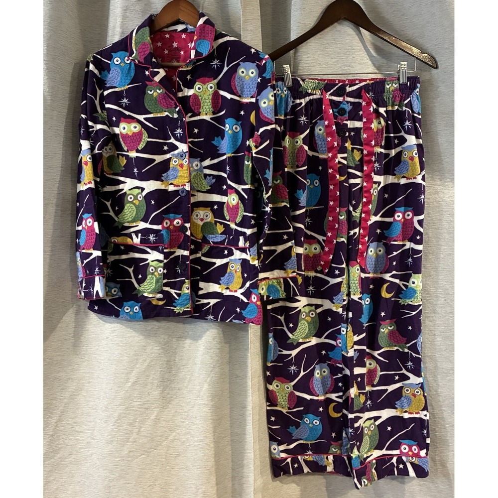 Nick & Nora Purple Owl Print Cotton Flannel Pajama Set Womens Small T-129